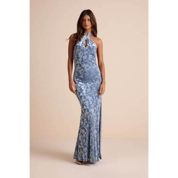 Lulus Dresses & Skirts - Lulus Sharon Slate Blue Velvet Burnout Halter Maxi Dress - Size XL